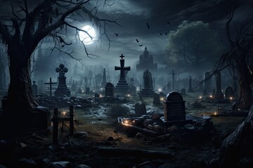 Wall Mural - Halloween background with graveyard and full moon, 3d rendering, AI Generated