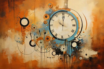 Poster - abstract background with clock, watercolor and grunge effect, ai generated