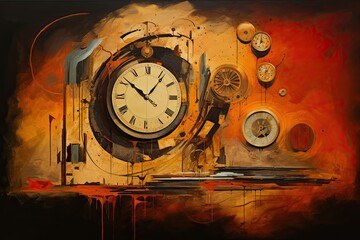 Poster - vintage clock on the abstract background. time concept. digital painting, ai generated