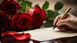 Close up of the hands of a man writing a love letter to his sweetheart with a single romantic red rose with selective colour lying on the desk alongside him