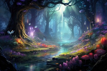 Wall Mural - Digital painting of a deer in a misty forest. Digital painting, An ethereal forest with colorful magical creatures in it, AI Generated