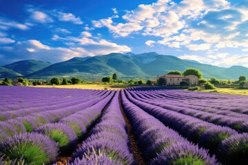 Wall Mural - Lavender field in Provence, France at sunset, An expansive lavender field under the Provence sun, AI Generated