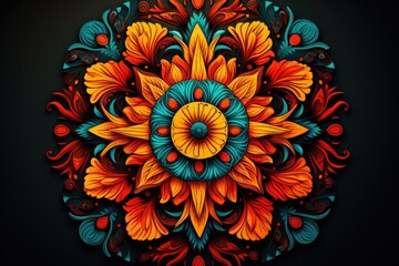 Poster - Ornamental floral pattern in blue, orange and yellow colors, An intricate mandala with rich, contrasting colors, AI Generated