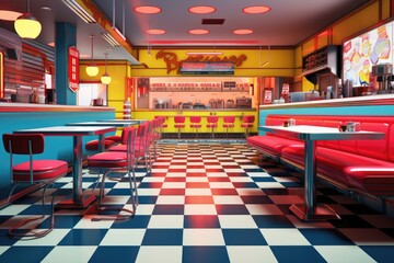 Sticker - Interior of a cafe with tables and chairs, 3D rendering, An old American diner in the style of pop art, AI Generated