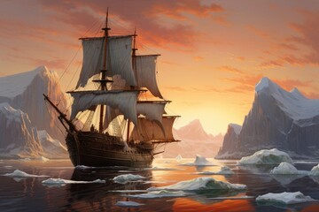 Canvas Print - Sailing ship on the sea at sunset. 3D illustration, An old sailing ship navigating through towering icebergs, AI Generated