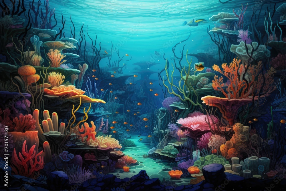 Underwater world with corals and tropical fish. 3D rendering, An ...
