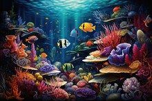 Underwater Scene With Coral Reef And Fishes. 3D Illustration, An Underwater Scene Showcasing A Myriad Of Sea Creatures, AI Generated