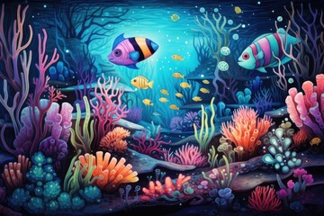Wall Mural - Underwater scene with fishes and corals. Underwater world, An underwater scene filled with cute, smiling sea creatures and corals in vibrant colors, AI Generated