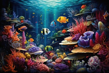 Wall Mural - Underwater scene with coral reef and fishes. 3D illustration, An underwater scene showcasing a myriad of sea creatures, AI Generated