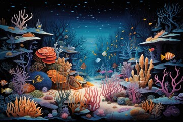 Wall Mural - Underwater world with corals and tropical fish. Vector illustration, An underwater scene showcasing a myriad of sea creatures, AI Generated