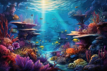 Wall Mural - Underwater world with corals and tropical fish. 3D rendering, An underwater scene teeming with vibrant marine life, AI Generated