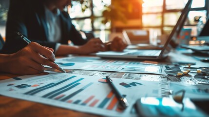 Poster - businessman in meeting analysis chart graphy marketing plan in business financial audit project. Or Business adviser analyzing Budget