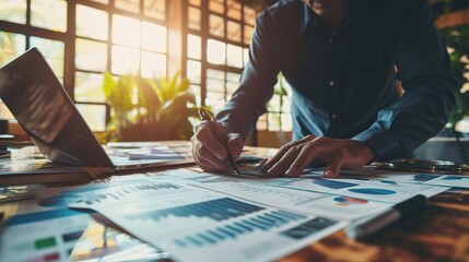 Poster - businessman in meeting analysis chart graphy marketing plan in business financial audit project. Or Business adviser analyzing Budget