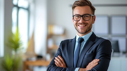 Sticker - Businessman smiling with arms crossed on white background