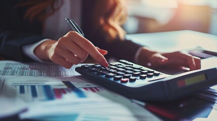 Poster - Calculator, hand and female accountant working on finance investment report in the office. Accounting, taxes and closeup of woman financial advisor doing calculation for asset management in workplace