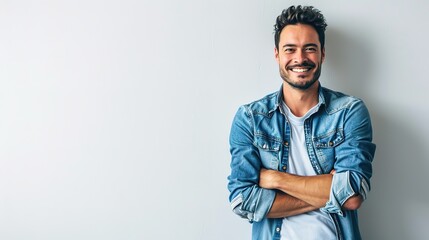 Casually handsome. Confident young handsome man in jeans shirt keeping arms crossed and smiling while standing against white background.