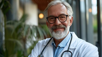 Wall Mural - Cheerful mature doctor posing and smiling at camera