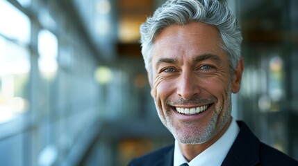 Poster - Close up portrait of mature adult business man with gray hair and suit smiling and looking at camera with succesful attitude