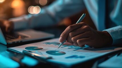 Poster - closeup of male hand analyzing business report on black desk