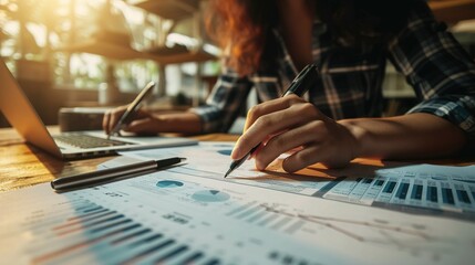 Poster - Documents, meeting and business people planning on spreadsheet, data analysis