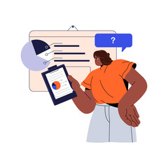  - Marketing analysis concept. Analyst compares indicators, diagrams, pie charts. Manager reviews statistic report. Employee researches metrics. Flat isolated vector illustration on white background