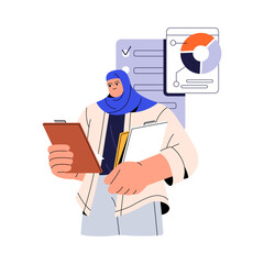  - Analyst researches business report. Employee reviewes diagrams, pie chart, statistic indicators. Manager holds tablet with task list, reading analysis data. Flat isolated vector illustration on white