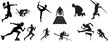 Silhouettes of different men and women performing various sport activities, playing basketball, volleyball, tennis, soccer, football, running. 