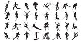 Fototapeta  - Collection men and women performing various sports activities silhouettes. Bundle of training, exercising people black vector illustrations. 
