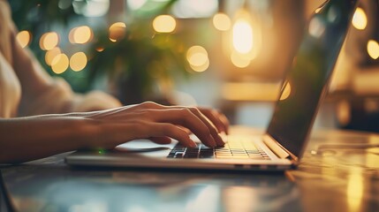 Canvas Print - Hands, businesswoman typing on laptop and in office sitting at her desk at work.