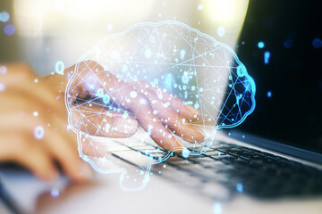 Poster - creative artificial intelligence concept with human brain sketch and hands typing on computer keyboa
