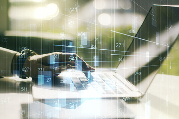 Poster - Multi exposure of abstract graphic data spreadsheet sketch with hands typing on computer keyboard on background, analytics and analysis concept