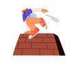 © Good Studio - Jumping over wall barrier, overcoming obstacle. Risk, challenge, hurdle on way. Brave courageous ambitious girl during parkour, extreme sport. Flat vector illustration isolated on white background