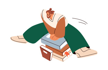 Poster - Happy man jumping over book stack. Knowledge, reading challenge concept. Funny student accomplishing, succeeding in education, study, training. Flat vector illustration isolated on white background