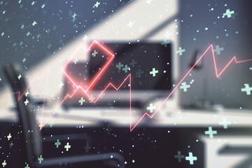 Poster - Creative abstract heart rate sketch and modern desk with computer on background, Medicine and healthcare concept. Multiexposure