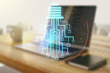 Poster - Creative light bulb illustration with microcircuit and modern desktop with pc on background, future technology concept. Multiexposure