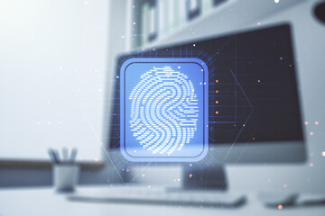 Aufkleber - Double exposure of abstract creative fingerprint hologram and modern desktop with laptop on background, research and development concept