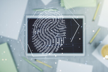 Aufkleber - Abstract creative fingerprint concept and modern digital tablet on background, top view. Multiexposure