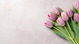 Fototapeta Tulipany - Copy Space Beautiful composition spring flowers. Bouquet of pink tulips flowers on pastel pink background. Valentine's Day, Easter, Birthday, Happy Women's Day, Mother's Day. Generative Ai