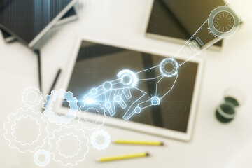 Aufkleber - Creative abstract robotics technology sketch and modern digital tablet on background, future technology and AI concept. Double exposure