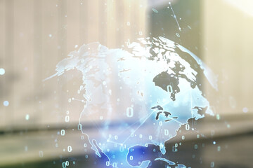 Aufkleber - Multi exposure of abstract graphic coding sketch and world map on blurry contemporary office building background, big data and networking concept