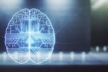 Poster - Double exposure of creative artificial Intelligence interface on modern business center exterior background. Neural networks and machine learning concept