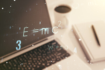 Poster - Double exposure of creative scientific formula concept on laptop background, research and development concept