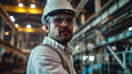 Poster - Portrait Professional mechanical engineering hispanic male in white safety hard hat helmet and look at camera at metal factory.