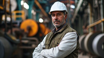 Poster - Portrait Professional mechanical engineering hispanic male in white safety hard hat helmet and look at camera at metal factory.