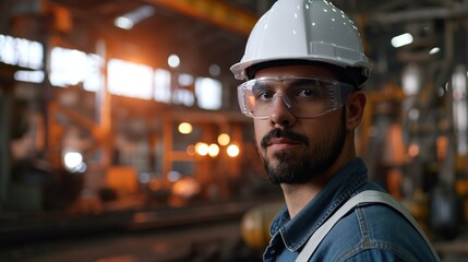 Poster - Portrait Professional mechanical engineering hispanic male in white safety hard hat helmet and look at camera at metal factory.