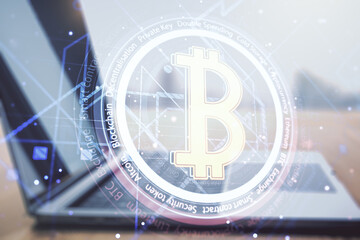 Poster - Creative Bitcoin concept with modern laptop background. Multiexposure