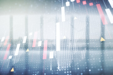 Aufkleber - Multi exposure of virtual abstract financial graph hologram and world map on modern interior background, financial and trading concept