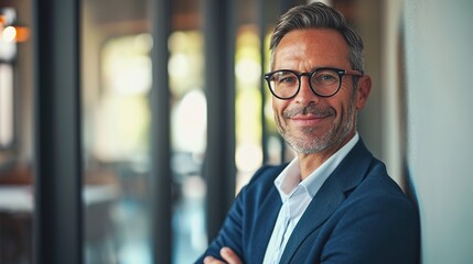 Wall Mural - smiling business man professional coach wear glasses stand arms crossed looking at camera, happy male executive company owner corporate manager leader in office, headshot close up portrait.