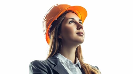 Wall Mural - Smiling business woman engineer isolated portrait. Architect worker protect helmet wearing