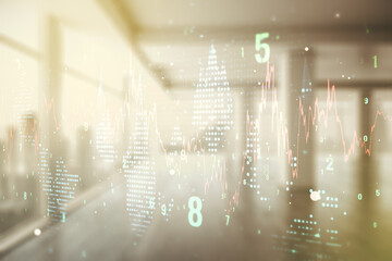 Poster - Double exposure of virtual creative financial diagram on empty room interior background, banking and accounting concept